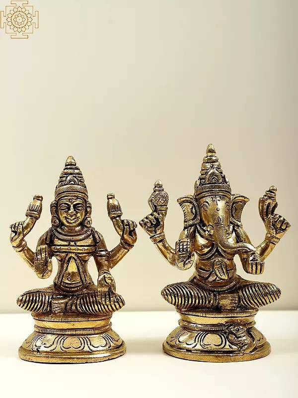 4" Small Lakshmi and Ganesha Brass Statue | Handmade