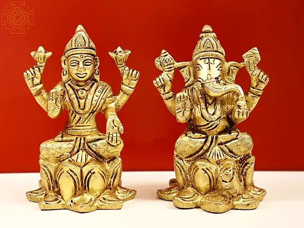 3" Small Brass Blessing Lakshmi Ganesha Sitting on Lotus Statue | Handmade