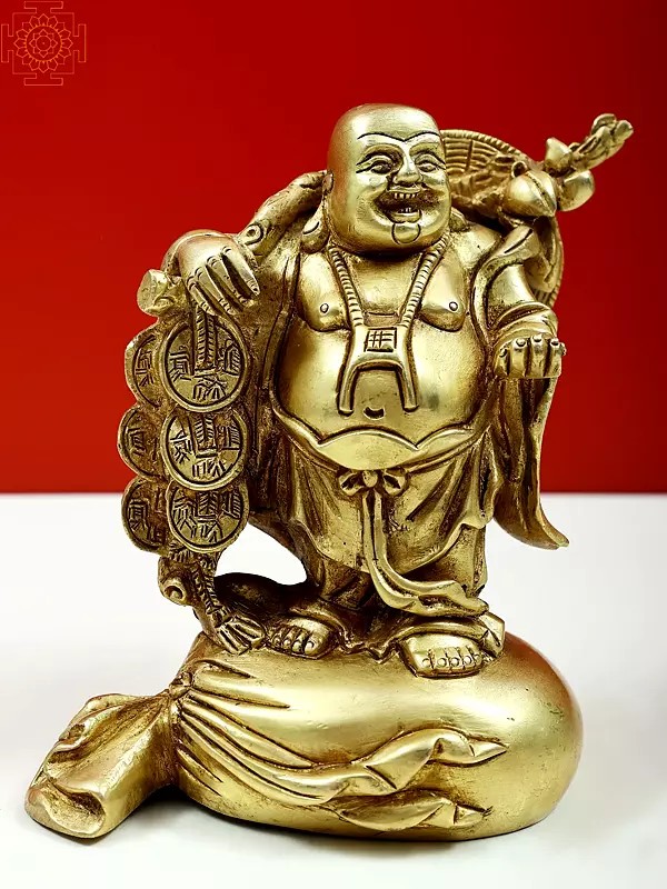 6" Small Brass Laughing Buddha Carrying Money