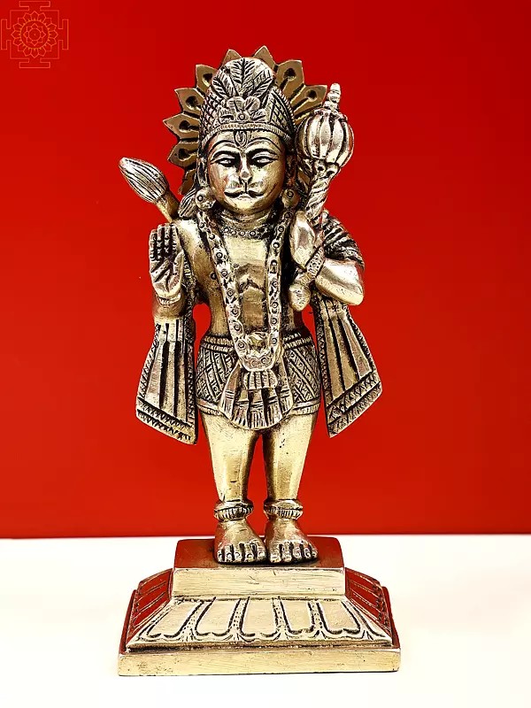 Brass Blessing Hanuman Statue Standing on Pedestal | Handmade