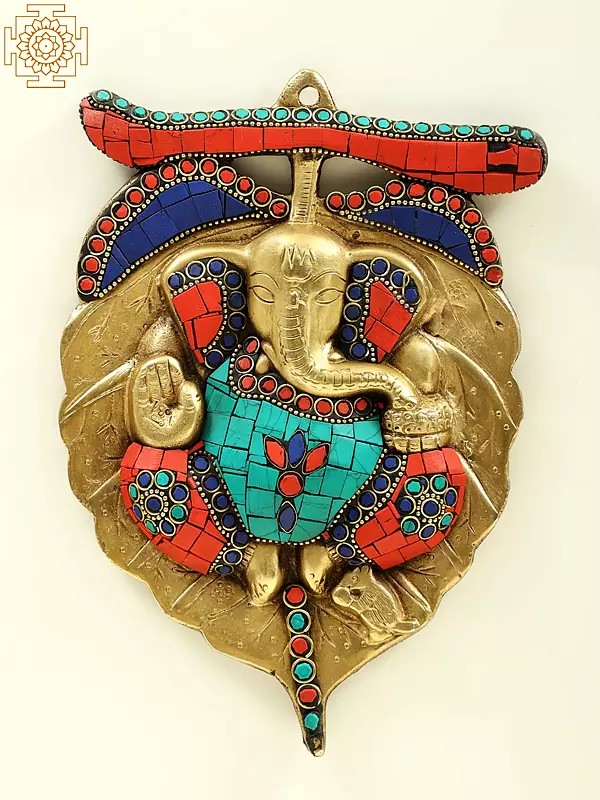 8" Inlay Work Ganesha on Pipal Leaf Wall Hanging