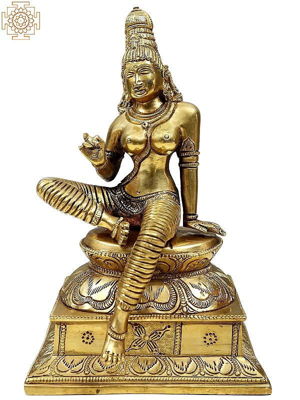 8" Uma Devi Seated on Pedestal In Brass (Goddess Parvati)