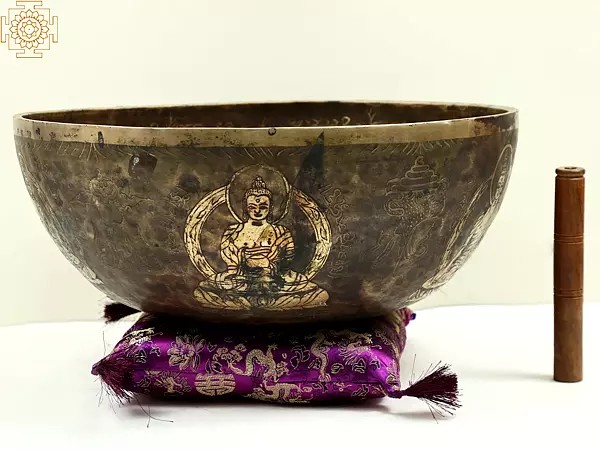 16" Tibetan Buddhist Singing Bowl with the Image of Buddha In Dharamachakra Mudra