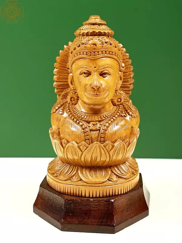 8" Wooden Hanuman with Lotus Flower