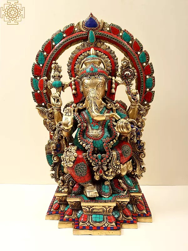 22" Brass Lord Ganesha with Kirtimukha Prabhavali