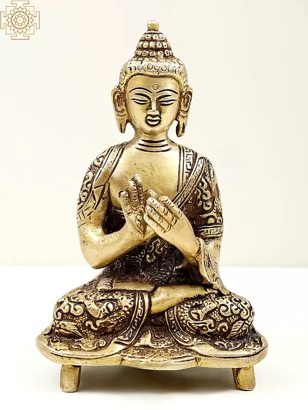 6" Small Brass Buddha Statue in Dharamachakra Mudra