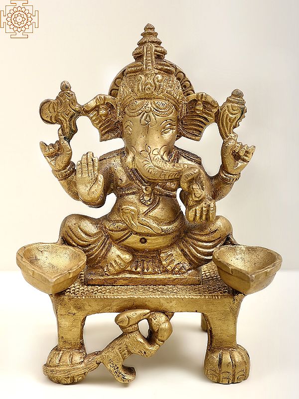 5" Small Brass Blessing Ganesha with Diya