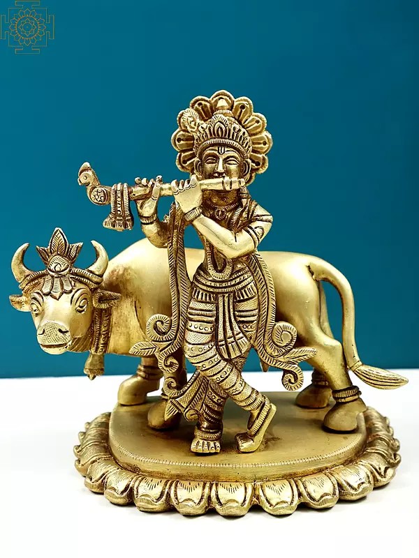 7" Brass Fluting Krishna with Cow