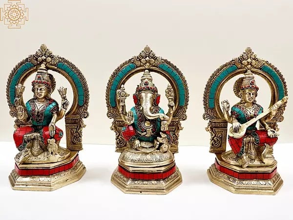 9" Brass Ganesha Lakshmi and Saraswati (Set of Three Statues) with Inlay Work