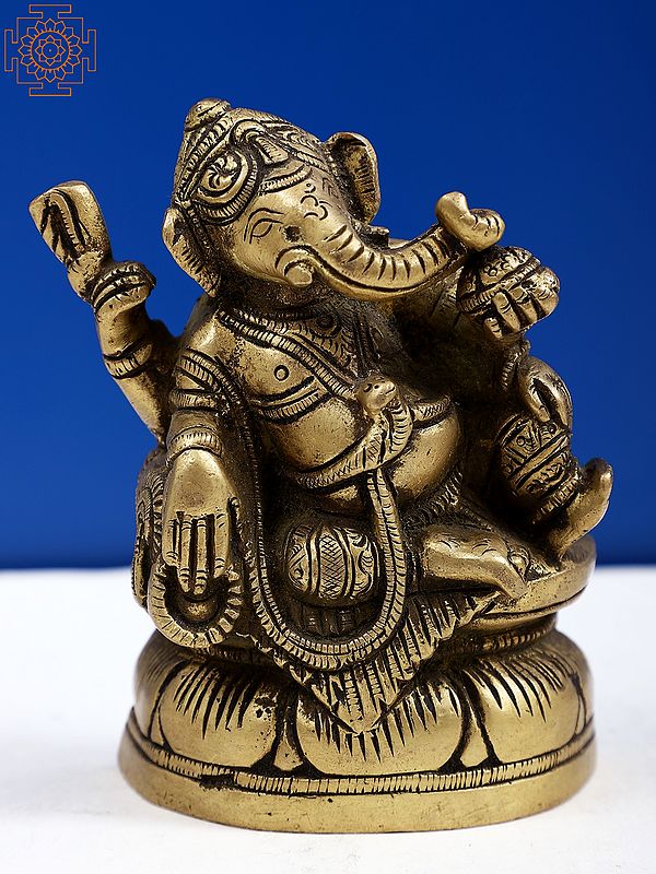 3" Small Brass Lord Ganesha Seated on Lotus Pedestal