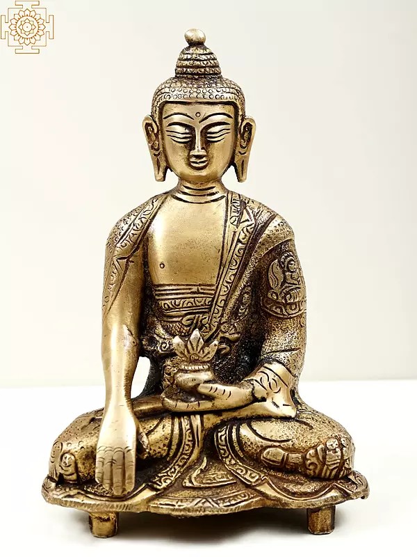 7" Small Bhumisparsha Buddha Statue Adorned in a Designer Robe