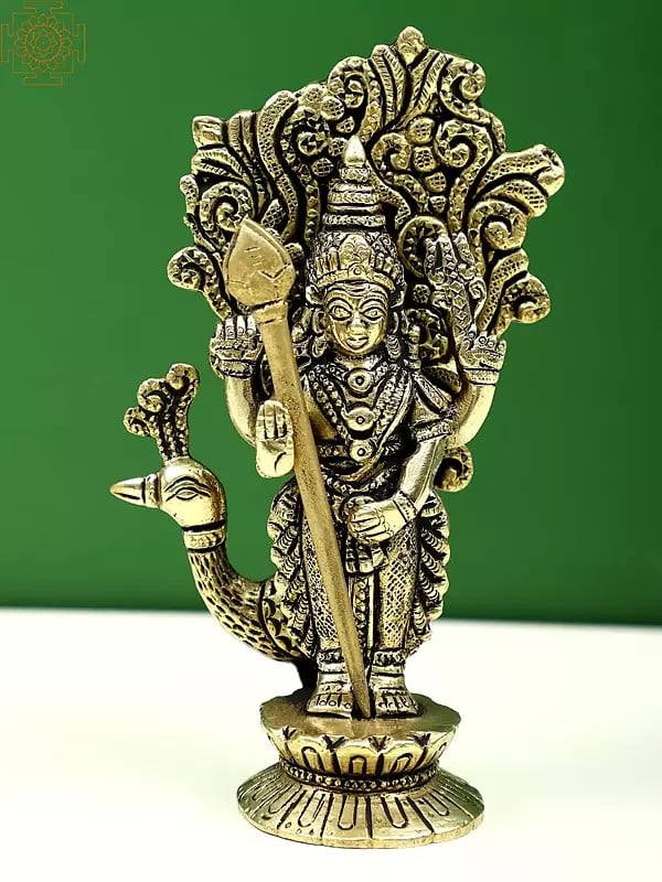 5" Small Brass Standing Lord Kartikeya with Peacock