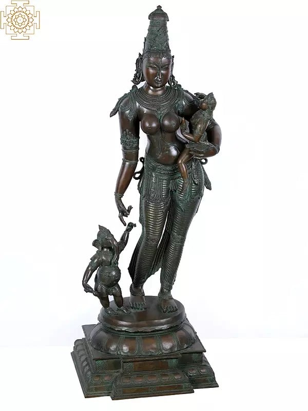 Divine Motherhood: Large Standing Parvati with Baby Ganesha and Kartikeya | Madhuchista Vidhana (Lost-Wax) | Panchaloha Bronze from Swamimalai