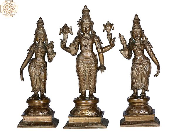 17" Lord Vishnu with Shridevi and Bhudevi | Handmade | Madhuchista Vidhana (Lost-Wax) | Panchaloha Bronze from Swamimalai