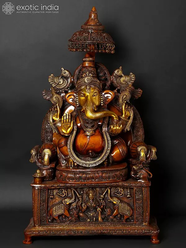 34" Large Superfine Large King Ganesha with Gaja Lakshmi Carved in Pedestal