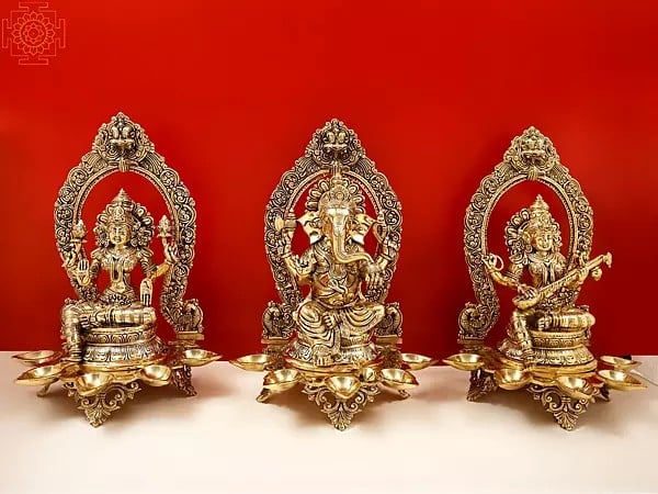 18" Brass Superfine Ganesha Lakshmi and Saraswati (Set of Three Statues)