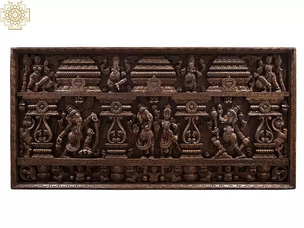74" Large Wooden Ganesha With Karttikeya Wall Panel