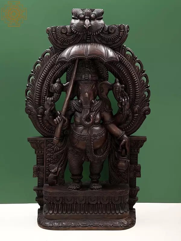 49" Large Wooden Umbrella Ganesha With Kirtimukha Prabhawali