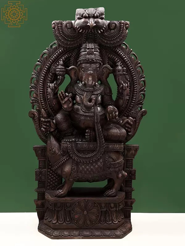 61" Large Wooden Ganesha Seated on Mouse With Kirtimukha Prabhavali