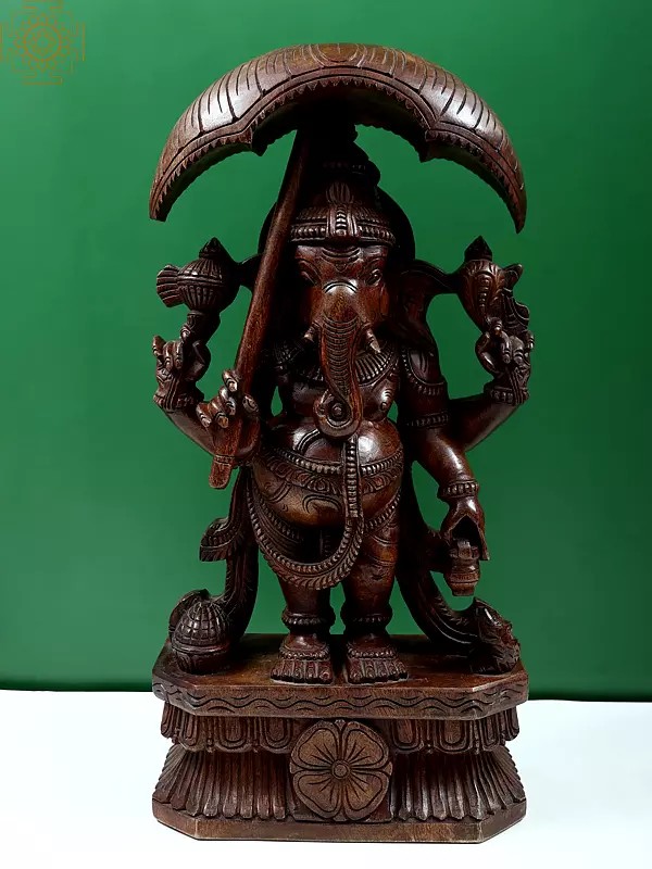 23" Wooden Mappillai (Bridegroom) Ganesha Sculpture