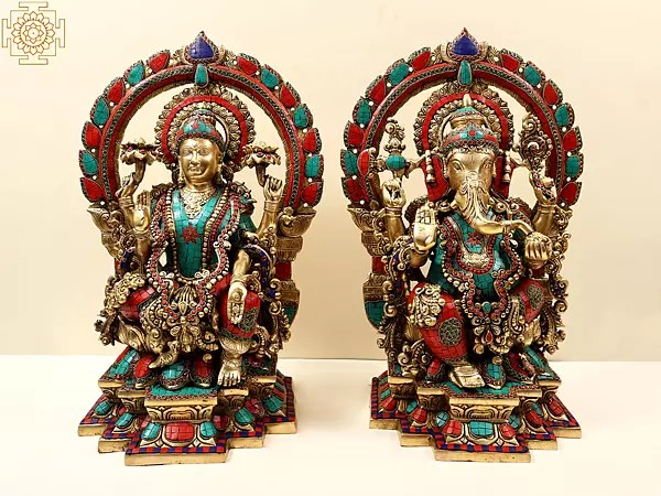 22" Brass Lord Ganesha and Goddess Lakshmi (Pair) with Kirtimukha Prabhavali