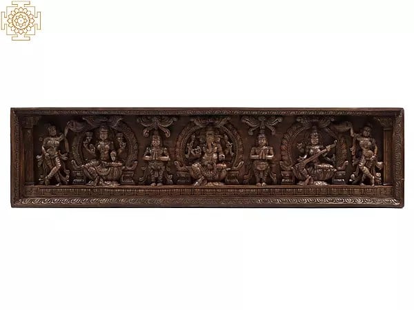 69" Large Wooden Lakshmi Ganesha Saraswati Panel