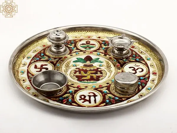 Decorative White Metal Thali for Prayer Rituals