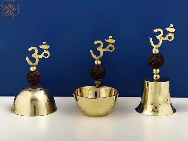 Small Set of Three Puja Item (Diya,Bell and Incense Burner)