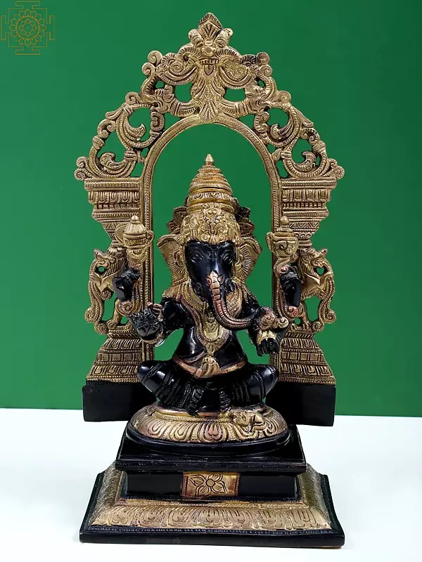 12" Brass Sitting Lord Ganesha with Kirtimukha Prabhavali