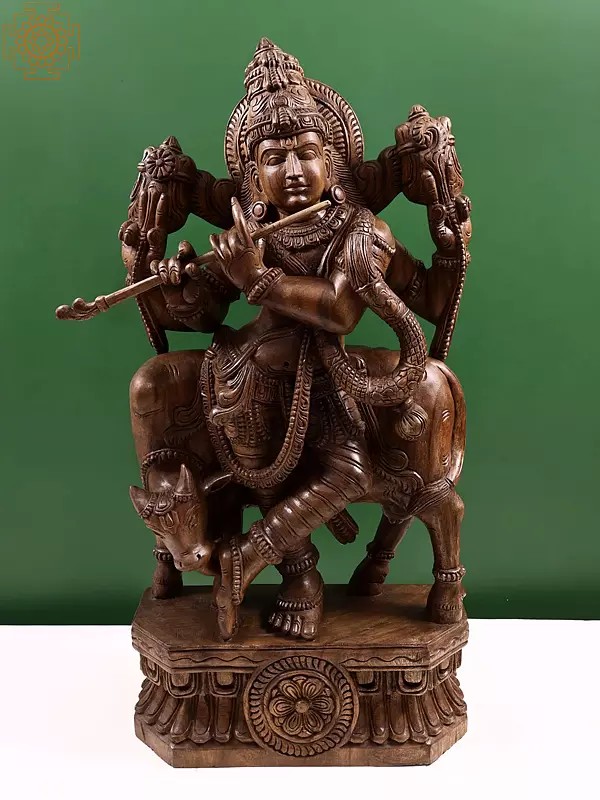Large Wooden Fluting Krishna with Cow