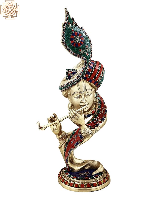 20" Brass Lord Fluting Krishna Head with Inlay Work