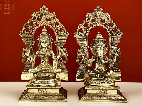 12" Brass Lord Ganesha and Goddess Lakshmi with Kirtimukha Prabhavali