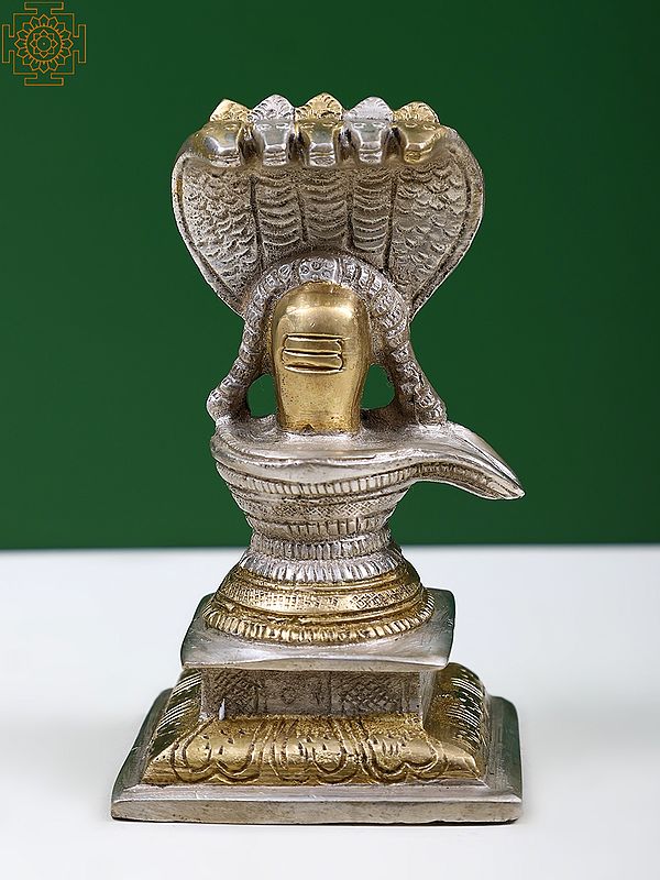 4" Small Brass Shiva Linga Protected by Five Hooded Serpent