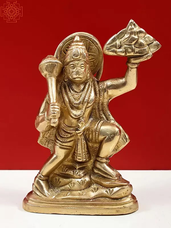 6" Brass Hanuman Ji Lifting Sanjeevani Booti Mountain