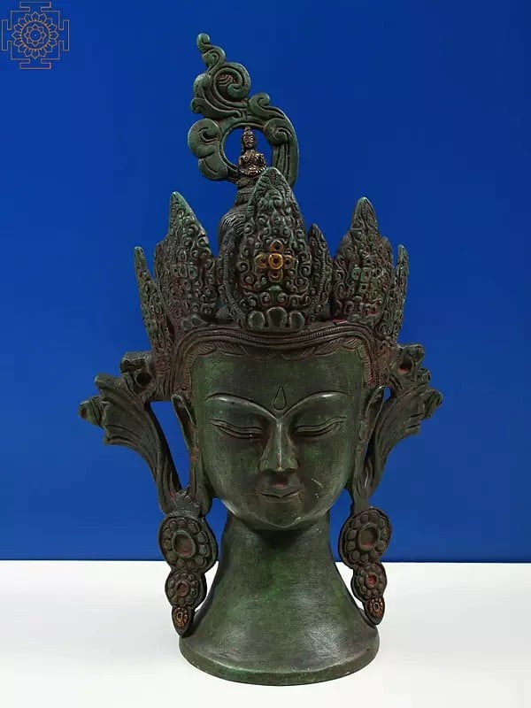 13" Brass Tibetan Buddhist Goddess Green Tara Wall Hanging Mask
