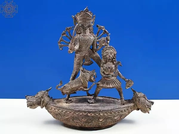 11" Brass Goddess Mahishasura Mardini (Tribal Dhokra Art)