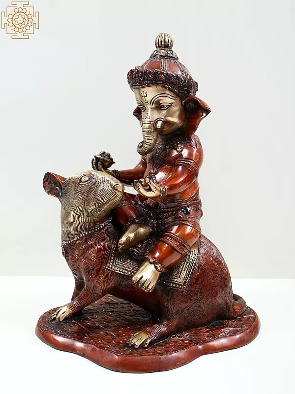 14" Lord Ganesha Seated on Rat In Brass