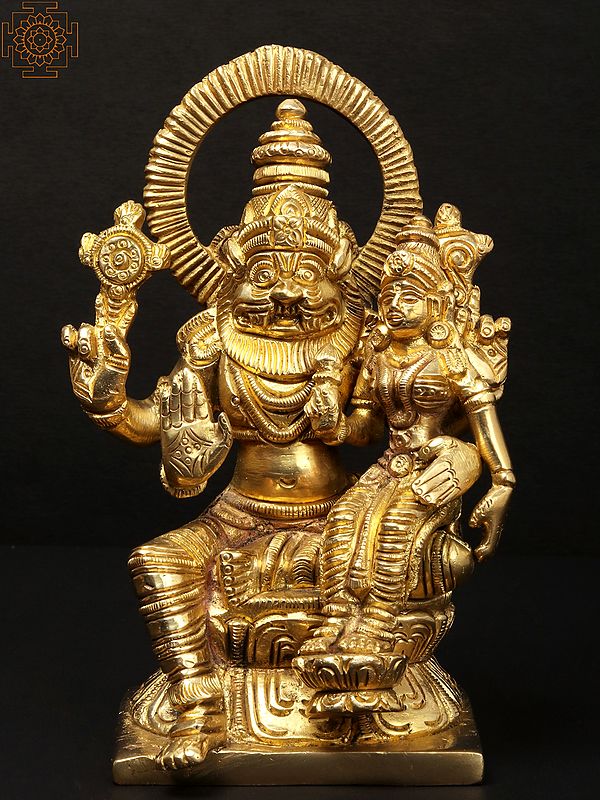 5" Small Lord Narasimha with Goddess Lakshmi In Brass
