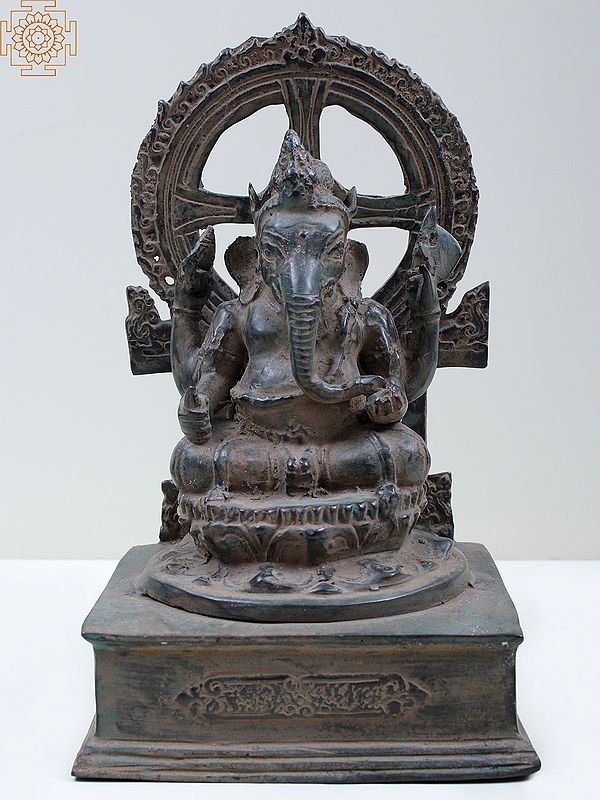 9" Brass Lord Ganesha with Kirtimukha