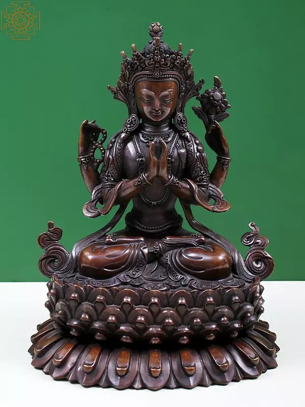 10" Chenrezig Copper Figurine from Nepal Seated on Superfine Pedestal