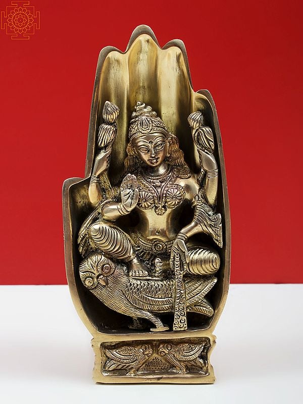 7" Brass Goddess Lakshmi Carved Inside Hand Sitting on Owl
