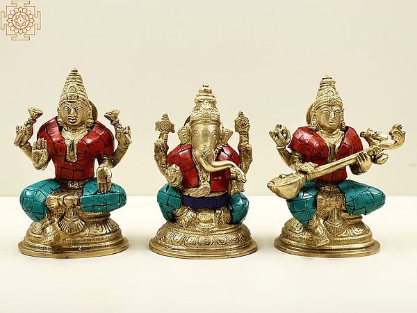 4" Small Brass Blessing Lakshmi Ganesha Saraswati with Inlay Work