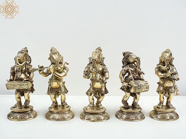 8" Brass Musical Ganesha Set Standing on Pedestal