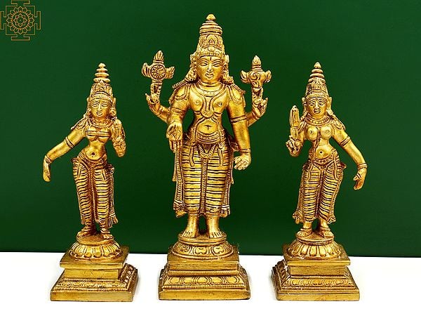 6" Small Brass Lord Vishnu with Shridevi and Bhudevi