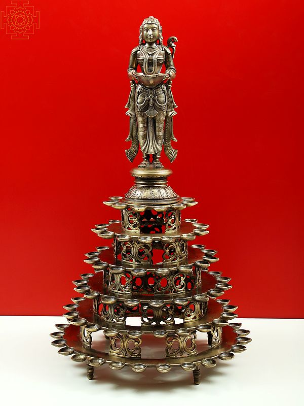 26" Superfine Bronze Deep Lakshmi Standing On Multiple Diya Pedestal