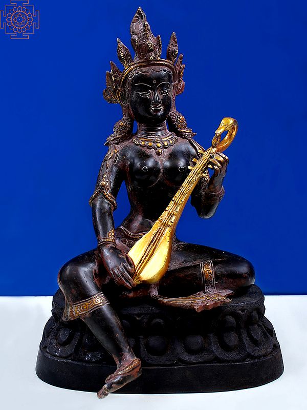 12" Brass Nepalese Form of Saraswati with Wooden Pedestal