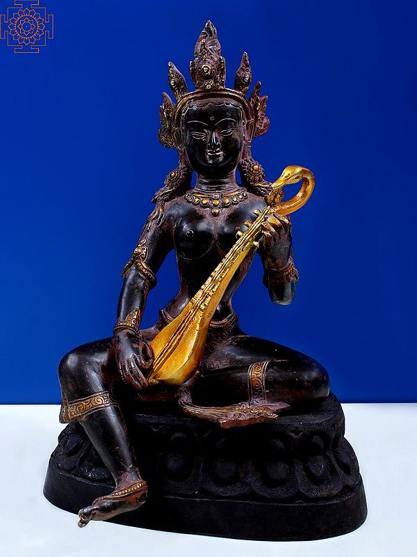 12" Brass Nepalese Form of Saraswati with Wooden Pedestal Exotic