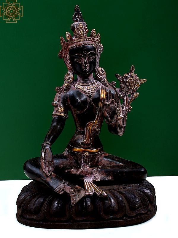 12" Brass Goddess Green Tara (Tibetan Buddhist Deity) with Wooden Pedestal