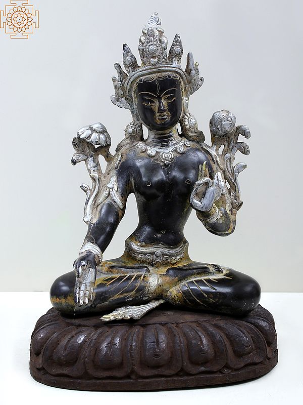 11" Brass Goddess White Tara (Tibetan Buddhist Deity) with Wooden Pedestal