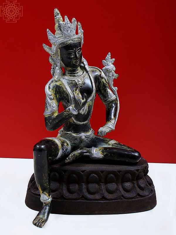 12" Brass Crown Buddha with Wooden Pedestal